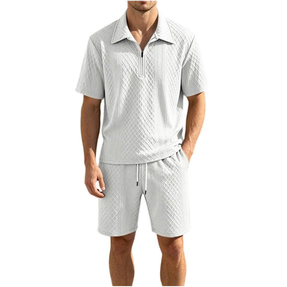 hotojiny Men's Tracksuit 2 Piece Quarter Zip Sweatsuit Sets Textured Short Sleeve Golf Shirts Summer Bermuda Shorts Loungewear(White,X-Large)