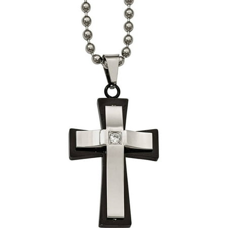 Primal Steel Stainless Steel Polished Black IP Double Cross CZ Necklace, 22