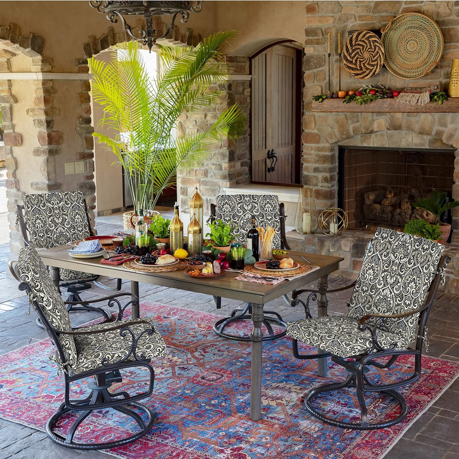 Arden Outdoor Patio Dining Chair Cushion, 20x44, Rain-Proof Seat Pad, Fade-Resistant Outdoor Cushion Black Aurora Damask