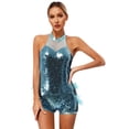 thumbnail image 3 of CHICTRY Women Mesh Neck Sequins Biketard with Feather Skirts for Modern Jazz Hiphop Disco DJ Club Rave Dress Light Blue M, 3 of 7
