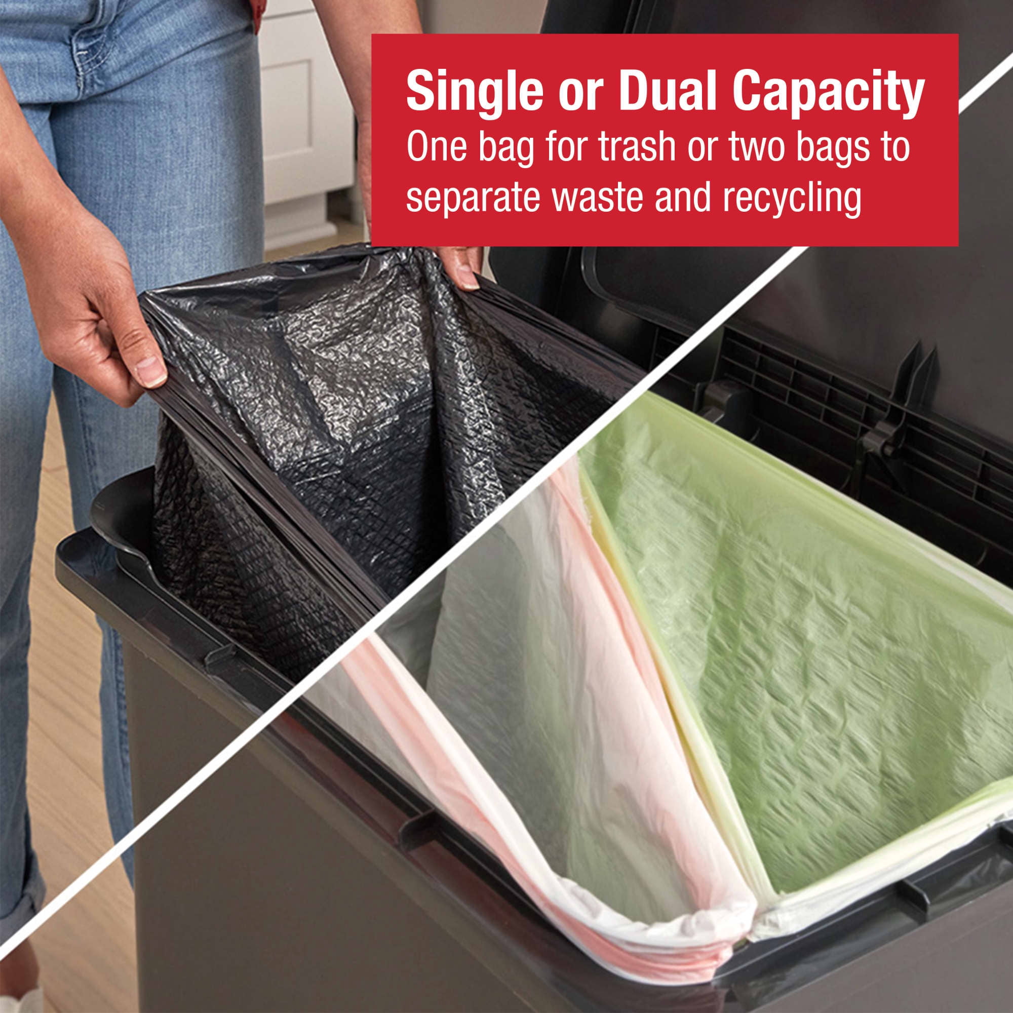 Rubbermaid Kitchen Trash Can, 19 Gallon Plastic Dual Compartment Step Garbage Bin, Charcoal
