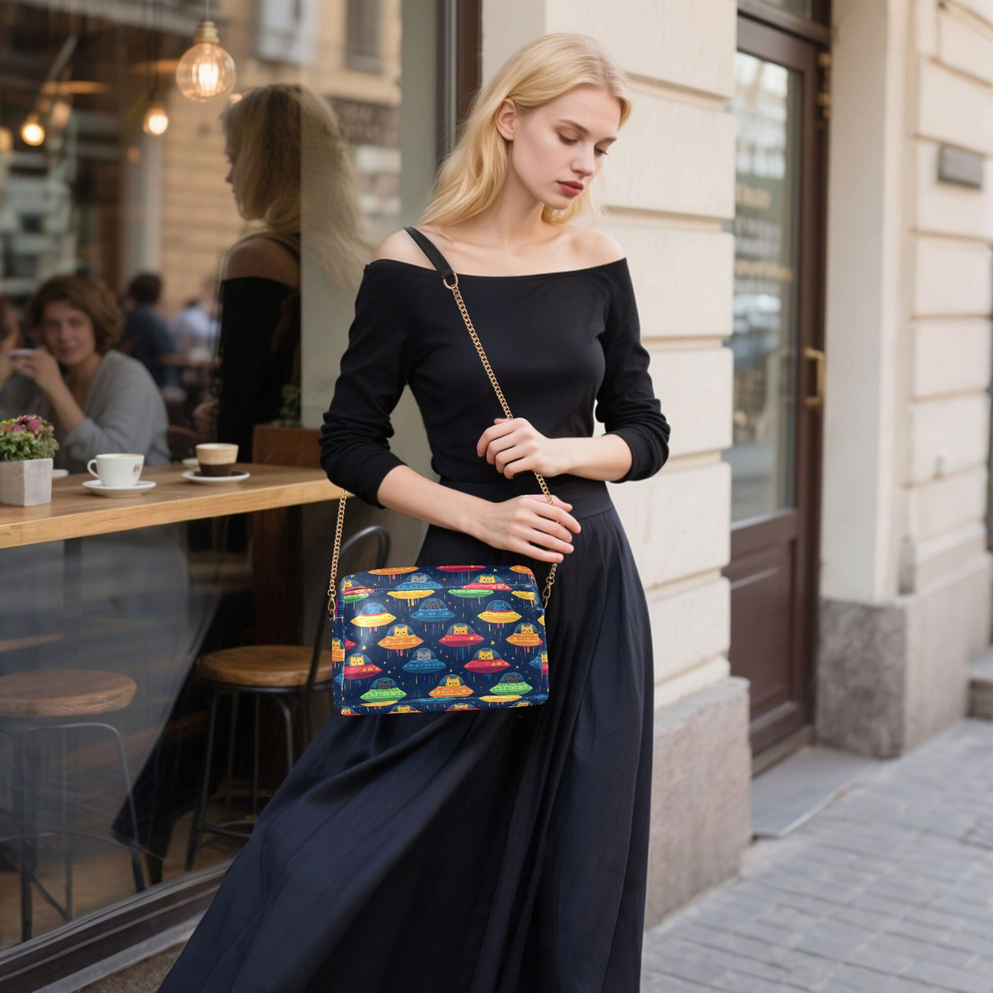 FORMRS Women Crossbody Purse with Chain Strap Vegan Leather Shoulder Handbag, Rainbow Space Cat