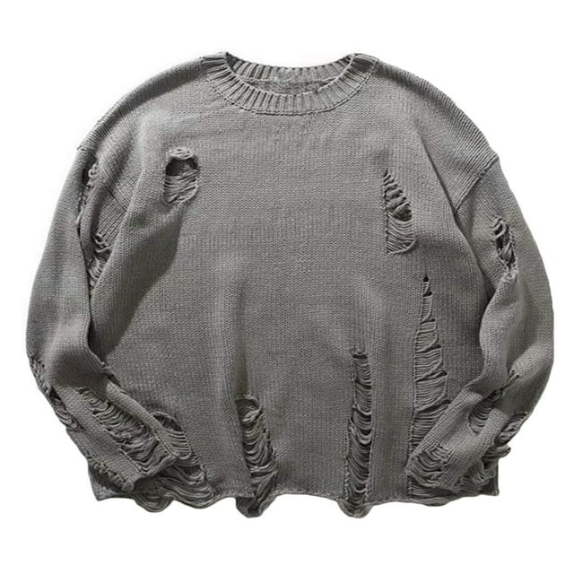 Ripped Long Sleeve Pullovers for Men in Loose Knit Solid Color
