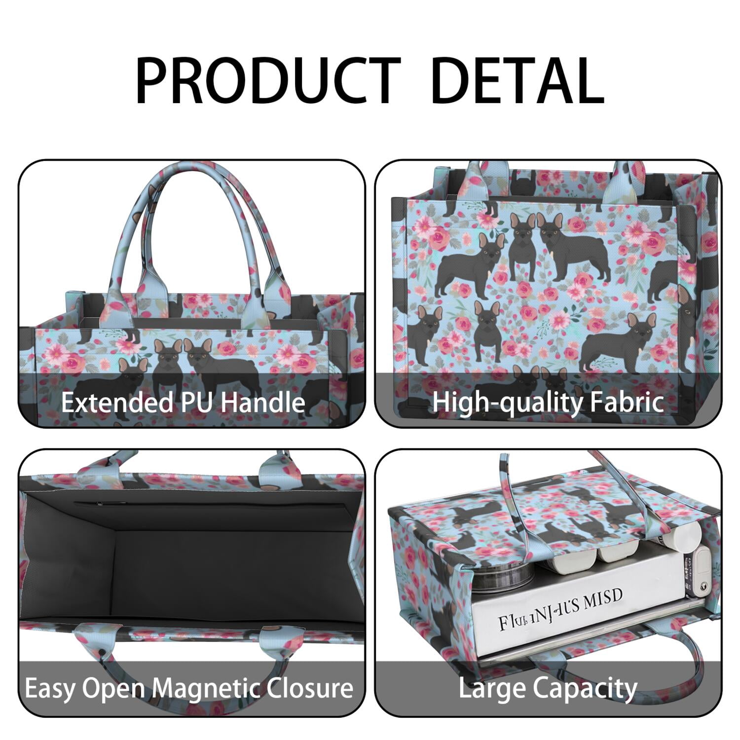 Large Capacity Tote Bag,French Bulldog and Flower Handbag Fashion Luxury Tote Bag,15.7"x13"x 5.1" Inches,Laptop Compatible
