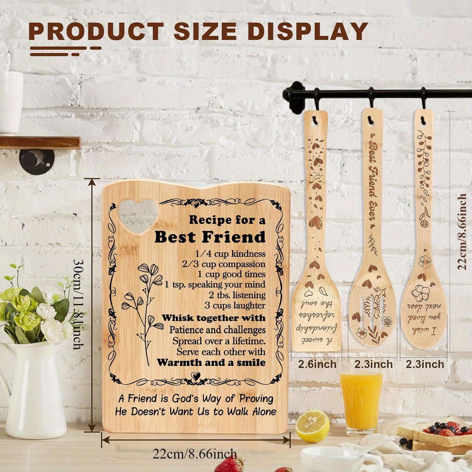 4PCS Personalized Cutting Board Set, Customized Bamboo Wood Kitchen Board with Utensils, Housewarming Gifts New Home, Laser Engraved Utensil Set, Best Friend Cutting Board, Engraved Custom Gifts