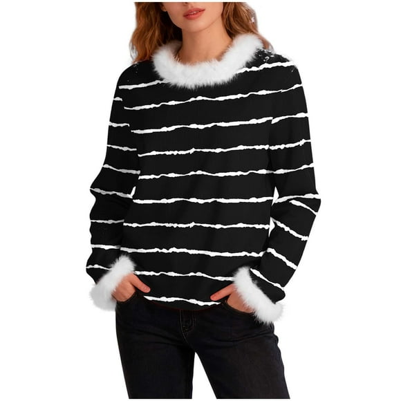 Chunky Knit Cotton Sweater Womens White Faux Fur Trim Holiday Striped Pullovers Long Sleeve Fall Ladies Sweaters Black, M