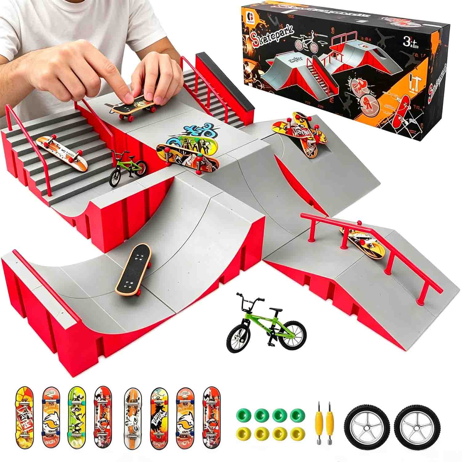 Finger Skateboard Park Kits,14 in 1 Skateboard Finger Toys with 8 Finger Skateboards & 14 Skatepark Deck Ramp,Finger Bike for Boys or Girls Gift,Mini Finger Skateboards Ramp Accessories Set