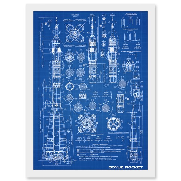 Soyuz Rocket USSR Soviet Space Blueprint Plan A4 Artwork Framed Wall Art Print