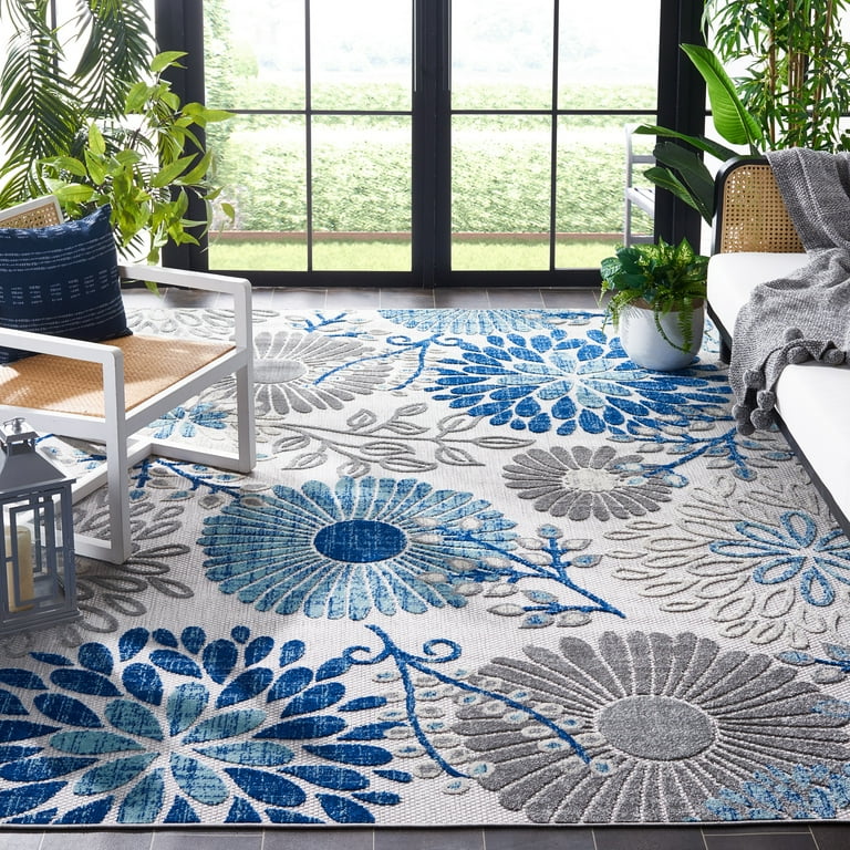 2' X 10' Grey/Blue Floral Indoor Outdoor Area Rug 2' X 10' Grey/Blue Floral Indoor Outdoor Area Rug