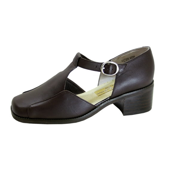 PEERAGE Sheba Women's Wide Width T-Strap Leather Shoes BROWN 5
