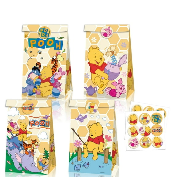 12 Pack Pooh Bear Party Favor Bags Paper Goodie Bags - Treat Candy Bag for Kids' Theme Party, Boys Girls Birthday Party Supplies Gift Bags with Stickers for Party Decorations