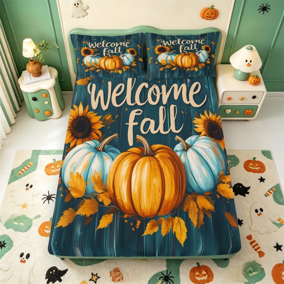 Manfei Thanksgiving Print Fitted Sheet Full,Cute Cartoon Witch Bed Set,3-Piece,1 Fitted Sheet and 2 Pillowcases