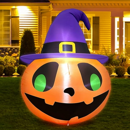 3.5 Foot Halloween Inflatables Pumpkin Witch Hat Decorations Blow Up Jack-O-Lantern Pumpkin LED Lights 4 Stake 2 Tether 1 Weight Bag Halloween Decoration Outdoor Indoor Home Yard Garden Lawn