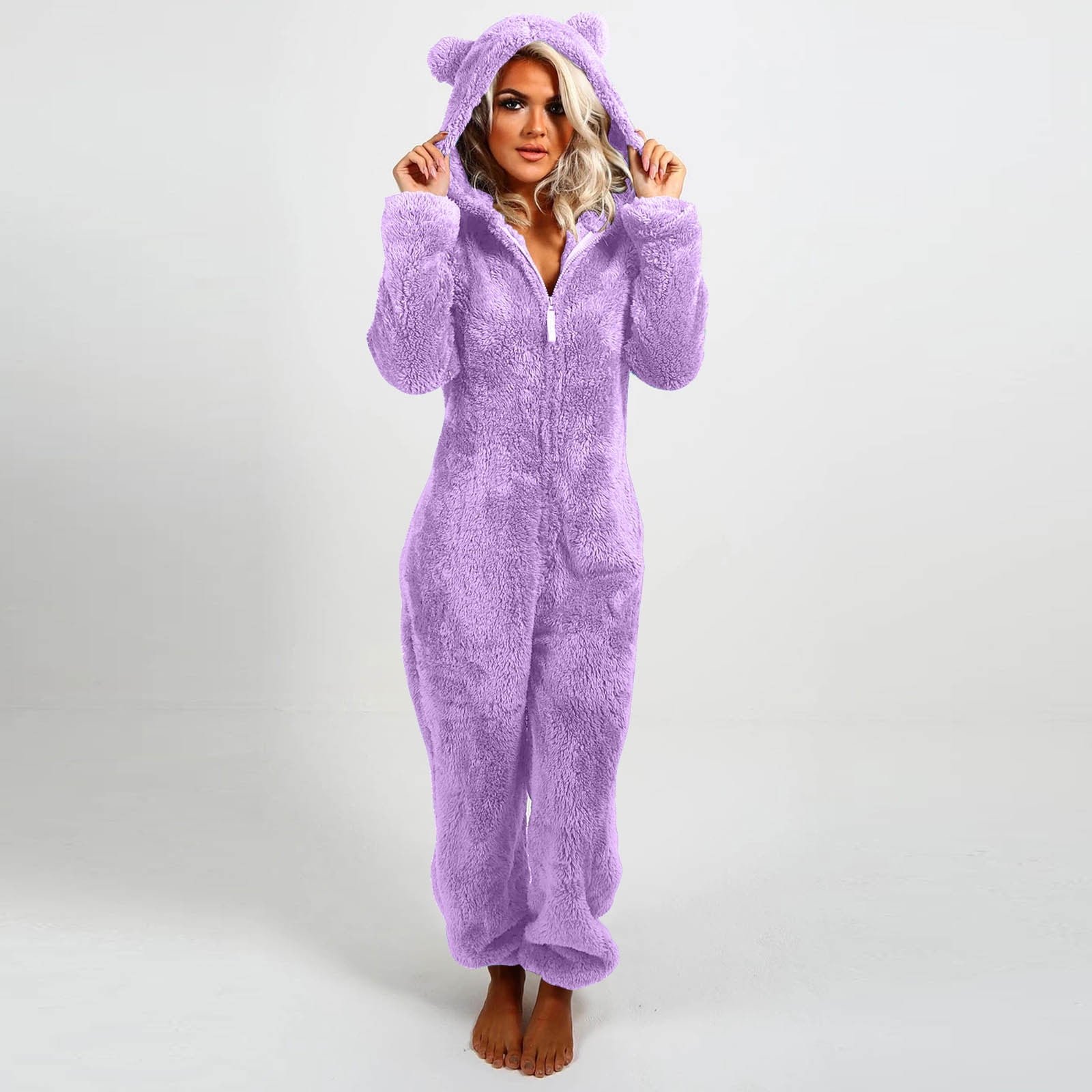 Feancey Womens Fleece One Piece Pajamas Winter Warm Hooded Romper Sleepwear Zip Up Cute Plush One Piece Pjs Comfy Thermal Jumpsuit Loungewear Purple L