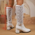 thumbnail image 4 of Knee High Boots Women Elegant Hollow Lace Mid Calf Dress Booties Chunky Block Heel Fashion Bucke Strap Side Zipper Long Fall Boots White Size 8, 4 of 7