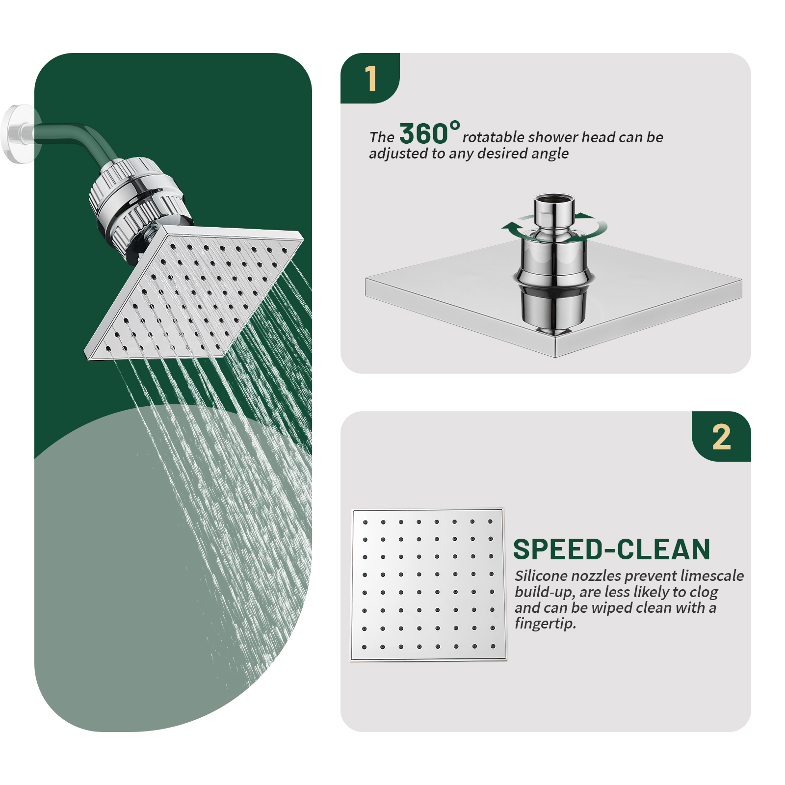Cobbe Square Filter Shower Head Removes Chlorine and Harmful Substances Softens Water Quality Effectively Alleviates Dry Itchy Skin & Hair Chrome