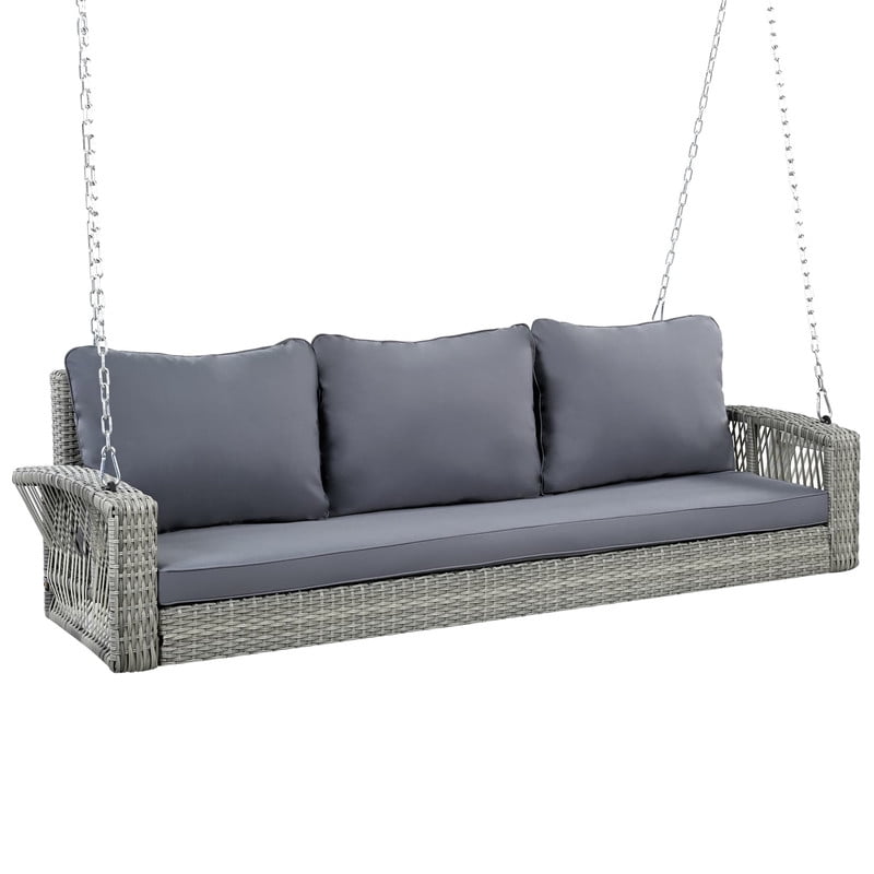 3-Person 69" PE Wicker Porch Swing with Chains, All-Weather Large Patio Swing Bench with Cushions for Backyard, Garden, and Poolside