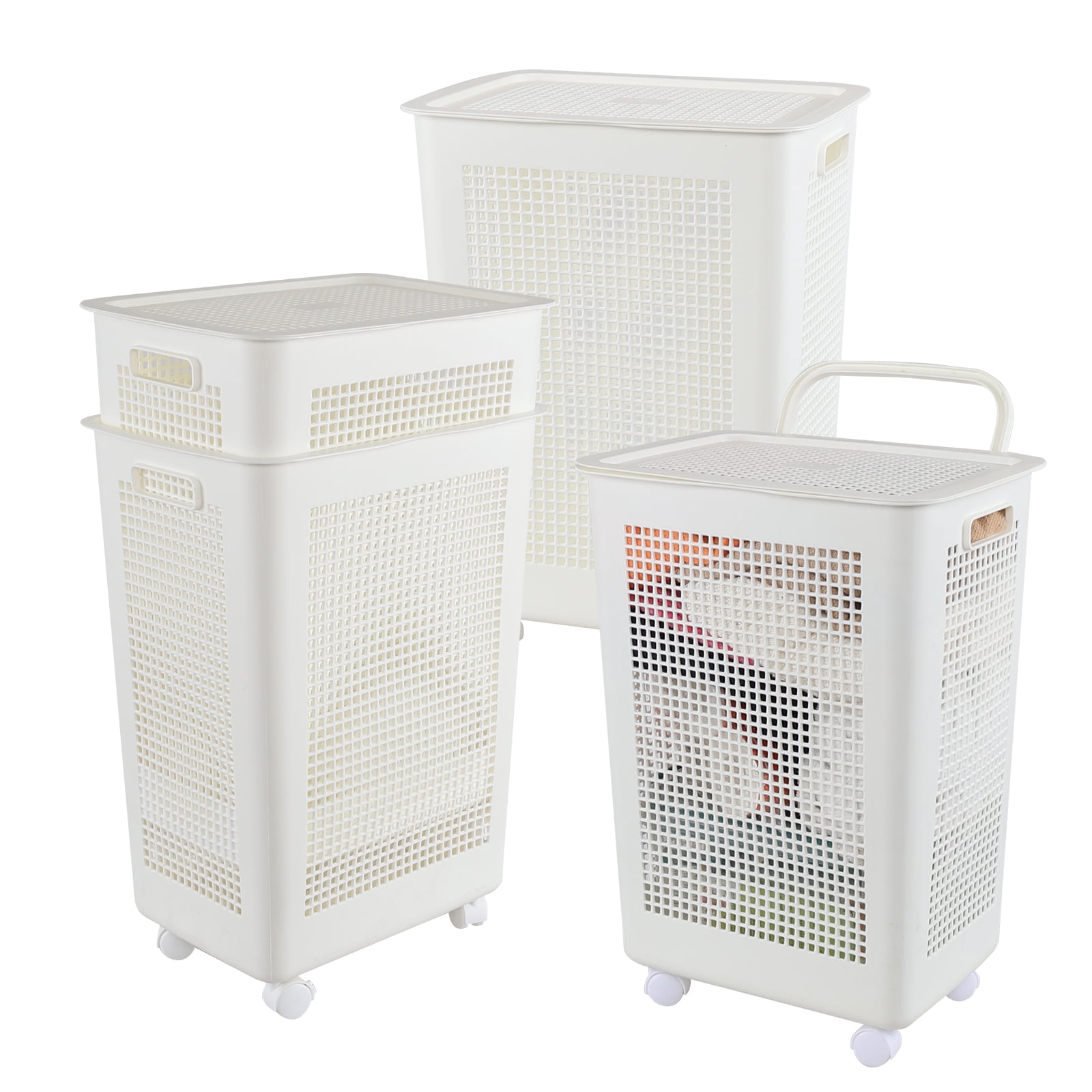 Ewingger 4 Pack 58 L Laundry Basket with Lid and Wheels, Large Plastic Dirty Clothes Hamper, White