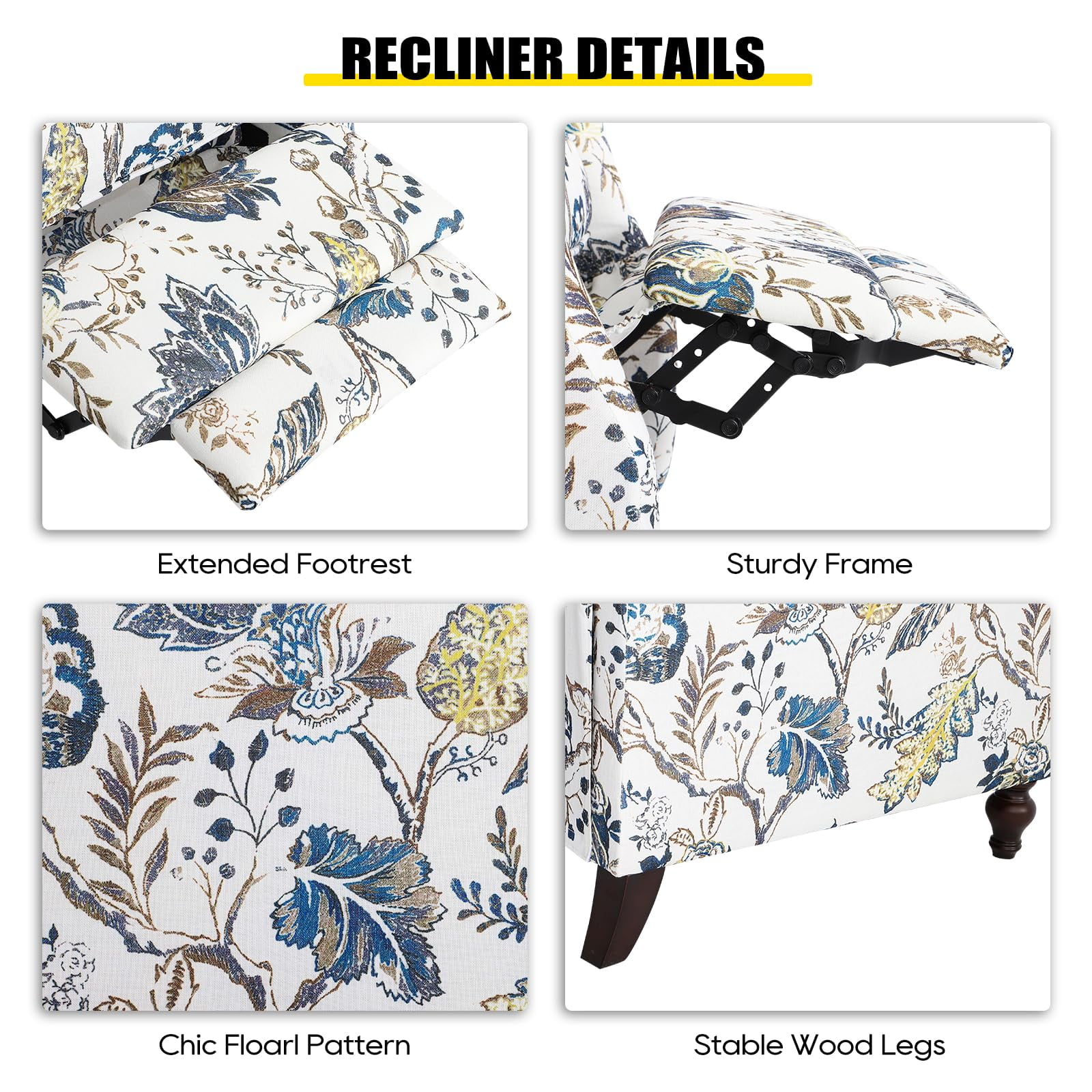 Upholstered Wingback Recliner Chair - Traditional Push Back Recliner - Fabric Floral Recliner Chair