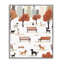 Stupell Industries Autumn City Park Dogs Animals Painting Gray Framed Art Print Wall Art, 11 x 14