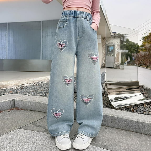 Kids Girls Baggy Jeans Elastic Waist Wide Leg Baggy Pants Baggy Jeans Kids for Little Girls 13-14 Years Cute Girl Clothing