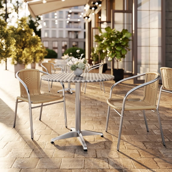 Flash Furniture 31.5'' Round Aluminum Indoor-Outdoor Table Set with 2 Beige Rattan Chairs