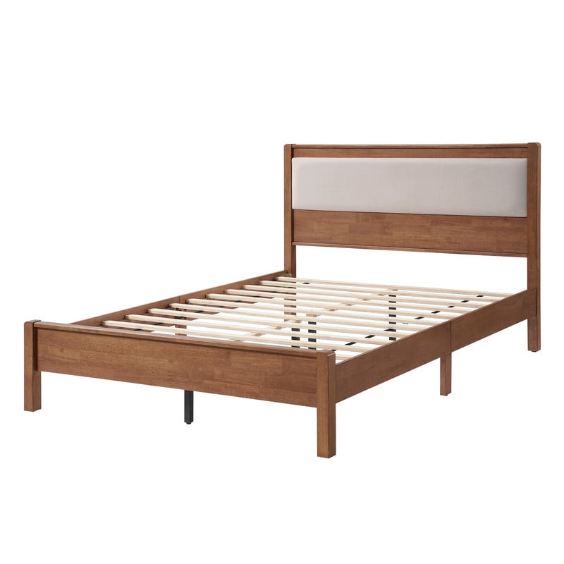 Queen Size Wooden Bed Frame with Upholstered Headboard, Low Profile Platform Bed with Central Support Legs