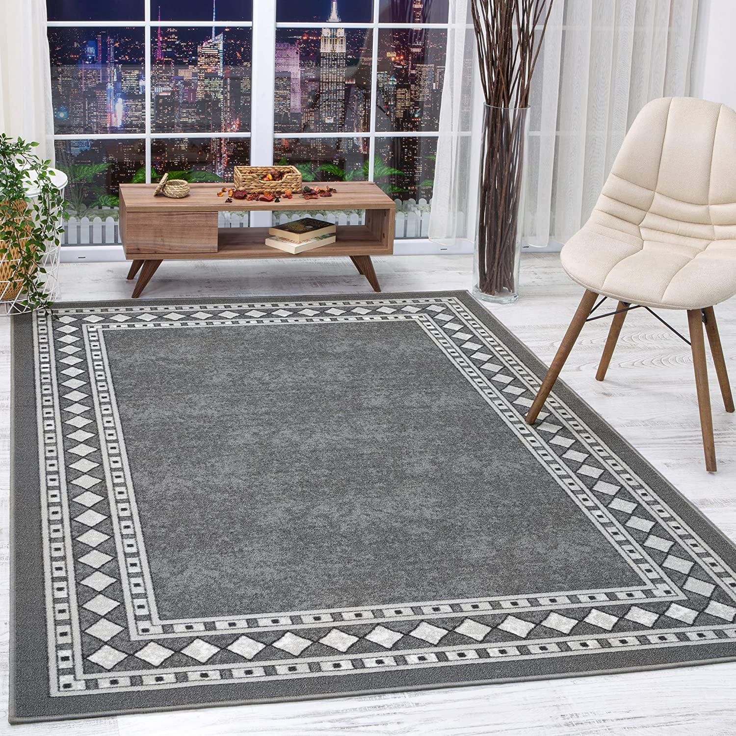 Modern Rug Oriental Black and Grey Floral Contour Cut Mat New Living Room Carpet 