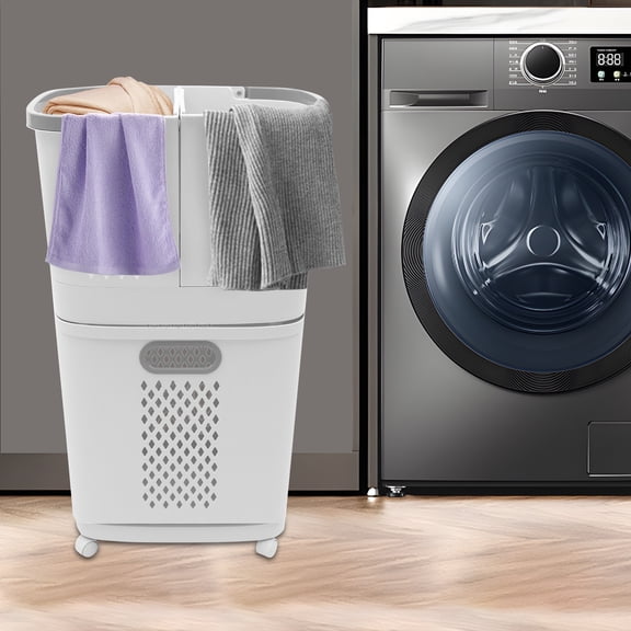 2-Tier Rolling Laundry Basket with Removable Wall-Mount Hamper, 4 Durable PP Plastic Sorter Bins with Lid, Space-Saving Storage Cart on Wheels for Bedroom Bathroom