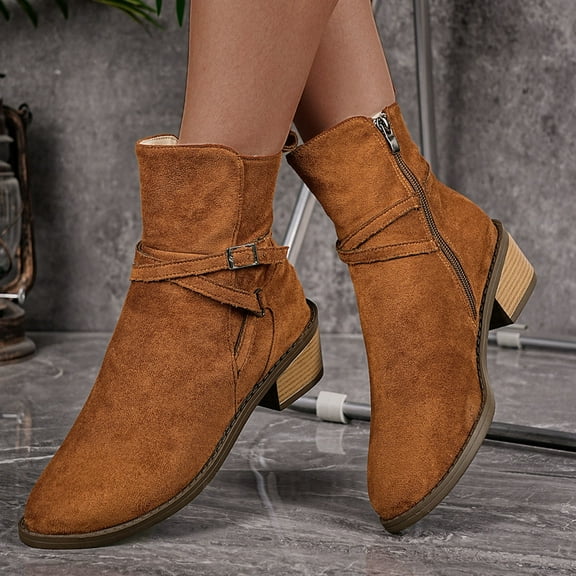 Wowcloth Winter Ankle Boots for Women – Chunky Low Heel Pointed Toe with Side Zipper in Solid Color for Casual Fashion Winter Footwear