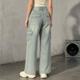 thumbnail image 4 of Levmjia Women's Cargo Jeans Wide Leg Denim Pants High Waisted Baggy Trousers with Zipper Fly Button Pockets Vintage Wash Streetwear Loose Fit, 4 of 6