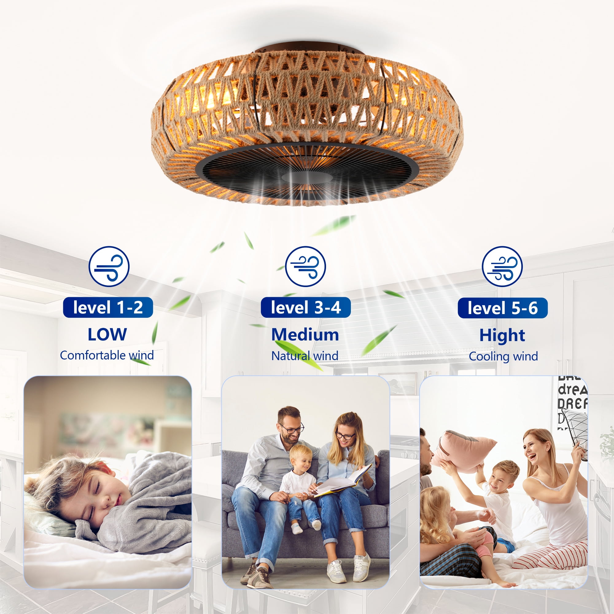 Leumius 20" Vintage Rope Ceiling Fan with Light and Remote ,6 Speed, DC Motor Reversible Ceiling Fan for Living Room Bedroom Dining Room (NOT Included Bulbs)