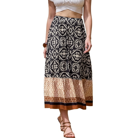 INSPIRE CHIC Maxi Boho Skirt for Women's A-Line High Waist Vacation Color Block Skirts S Black
