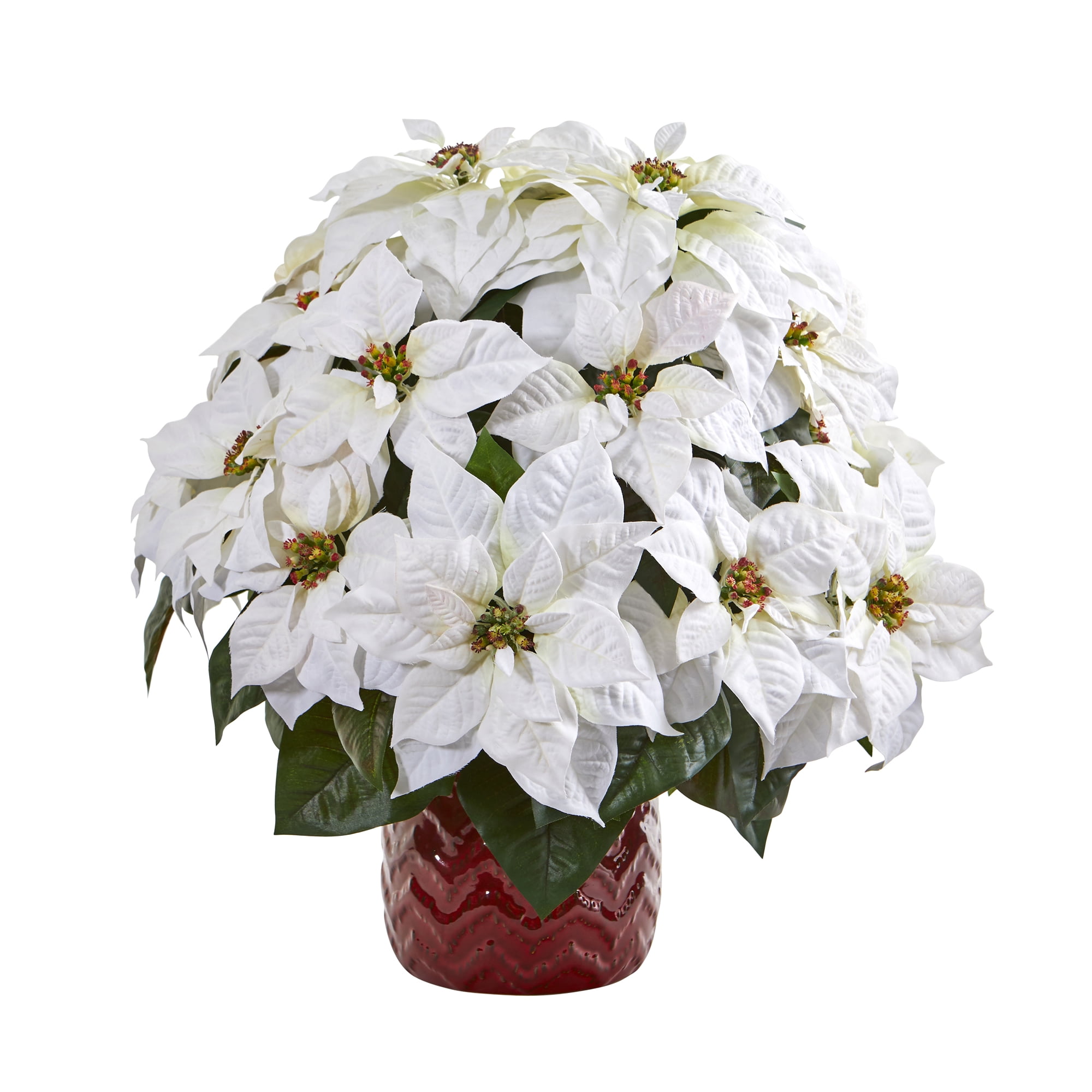 Nearly Natural 21in. White Poinsettia Artificial Arrangement in Red