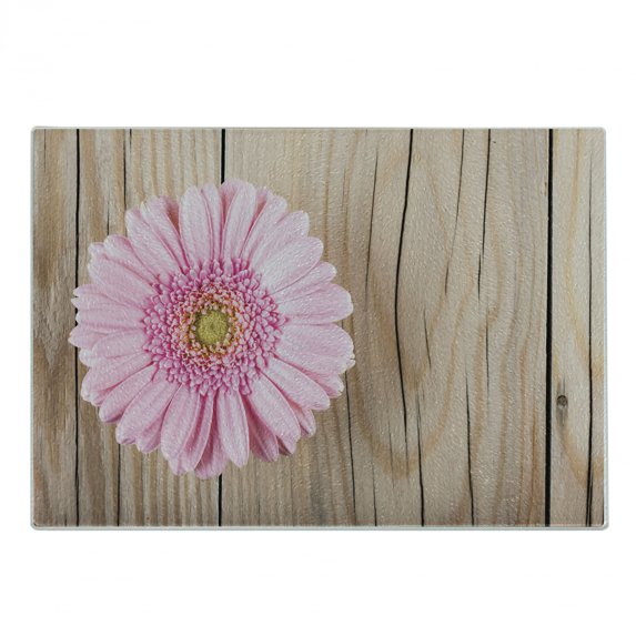 Rustic Cutting Board, Large Gerbera Daisy on Oak Tree Background Dramatic South American Exotic Photo, Decorative Tempered Glass Cutting and Serving Board, Small Size, Pink Brown, by Ambesonne