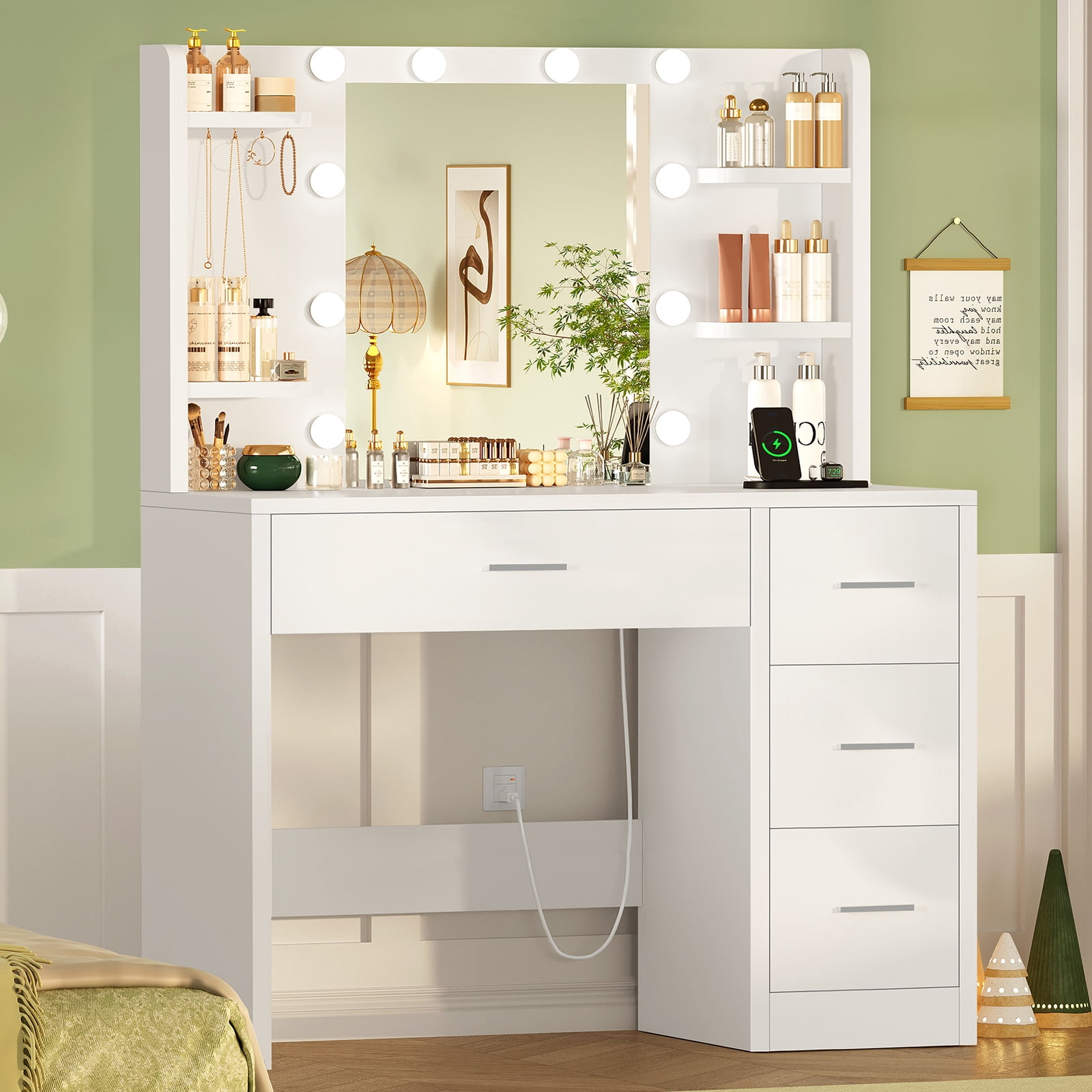 TEENFON Makeup Vanity Set with Mirror and Lights, Vanity Desk with Power Outlet and 4 Drawers & 6 Shelves, Vanity Table for Bedroom, White
