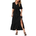 thumbnail image 4 of Vestido Casual de Mujer INSPIRE CHIC con Escote en V, Manga Corta, Cintura con Cordón, Diseño en Capas, Abertura, Corte A, Maxi Vestido con Bolsillos, Talla S, Negro, 4 of 6