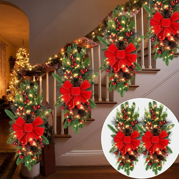 2 Pack Christmas Artificial Swags 24" Xmas The Cordless Prelit Stairway Swag Teardrop Trim Wreath Door Stair Garland Christmas Wreath for Outdoor Home Garden Decor (Red Ribbon)