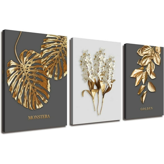Gray and Gold boho Abstract Wall Art 3 Pieces Modern Stretched and Framed White Flower Gold Leaf Canvas Paintings for Living Room Home Office and Bedroom Bathroom Wall Decor Canvas Size: 12"x16"x3