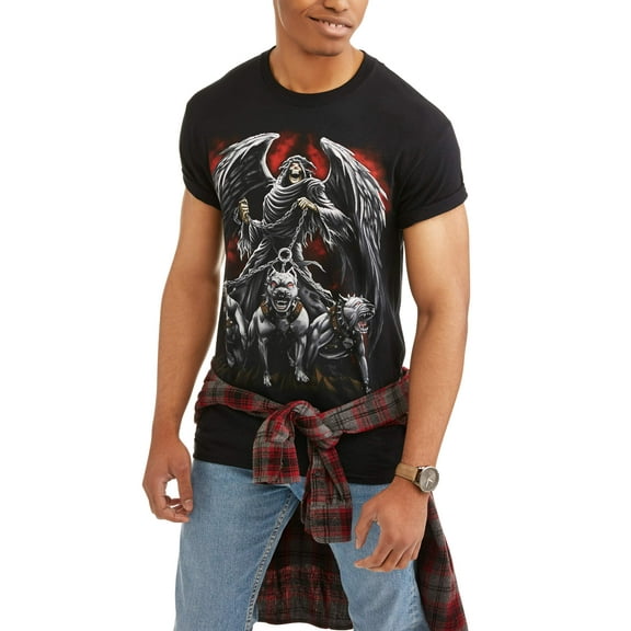 Teelocity Men's Winged Grim Reaper with Hellhound Tough Dog Trio Black Relaxed Fit Short Sleeve Graphic T-Shirt