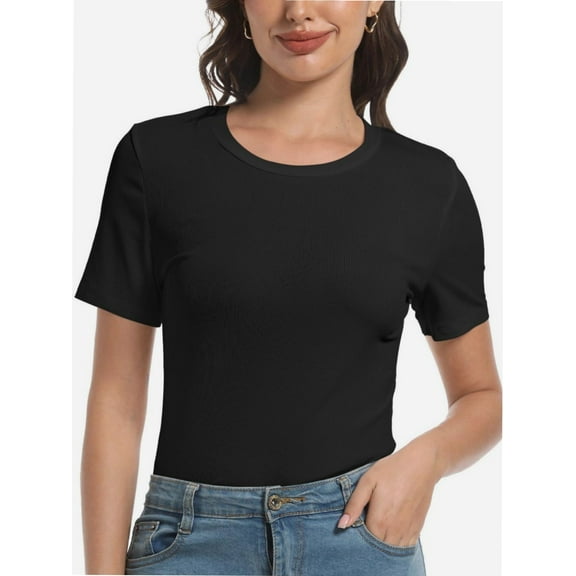 Womens Scoop Neck T Shirts Basic Ribbed Tees Fitted Tshirt Plain Short Sleeve Tops Casual