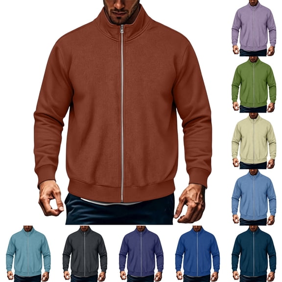 Full Zip Sports Men's Jacket Solid Color Stand Collar Long Sleeve T-Shirt Casual Outerwear Lightweight Loose Fit Top For Daily Activities