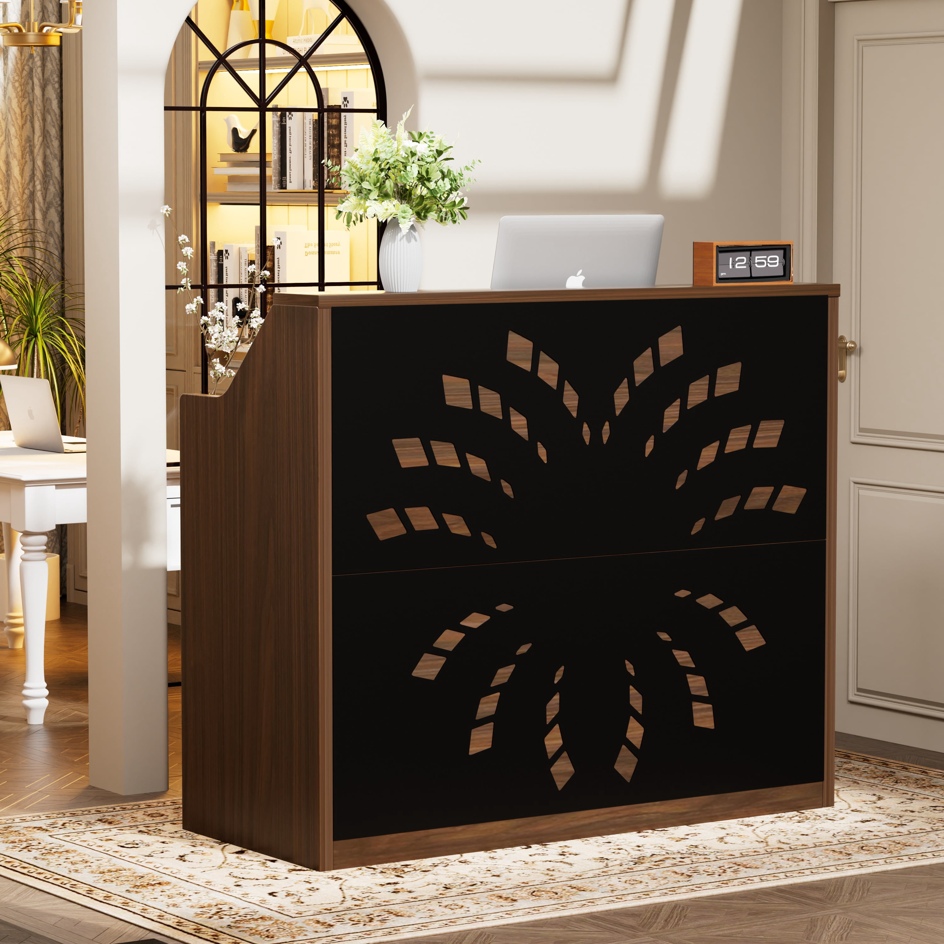 Astoutdoor 46.5 in Reception Desk with Storage Cabinet, Front Desk, Retail Checkout Counter, Walnut+Black