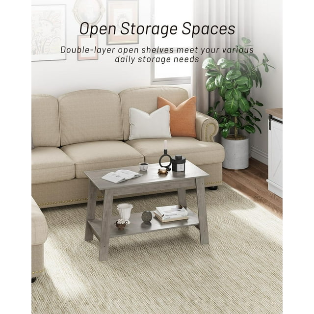 OUYAWEI 2-Tier 31.49Inch Coffee Table for Living Room, Industrial Coffee Table with Storage Shelf,Farmhouse Center Table,Rectangle Wood and Stable,Space Saving Easy Assembly,Gray