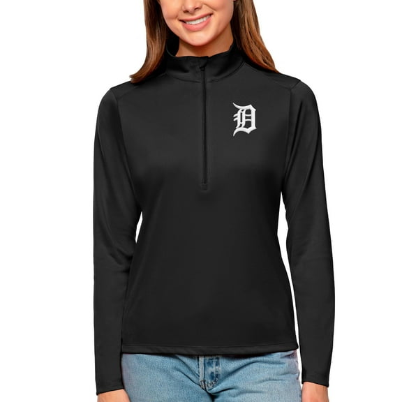 Women's Antigua Black Detroit Tigers Tribute Quarter-Zip Pullover Top