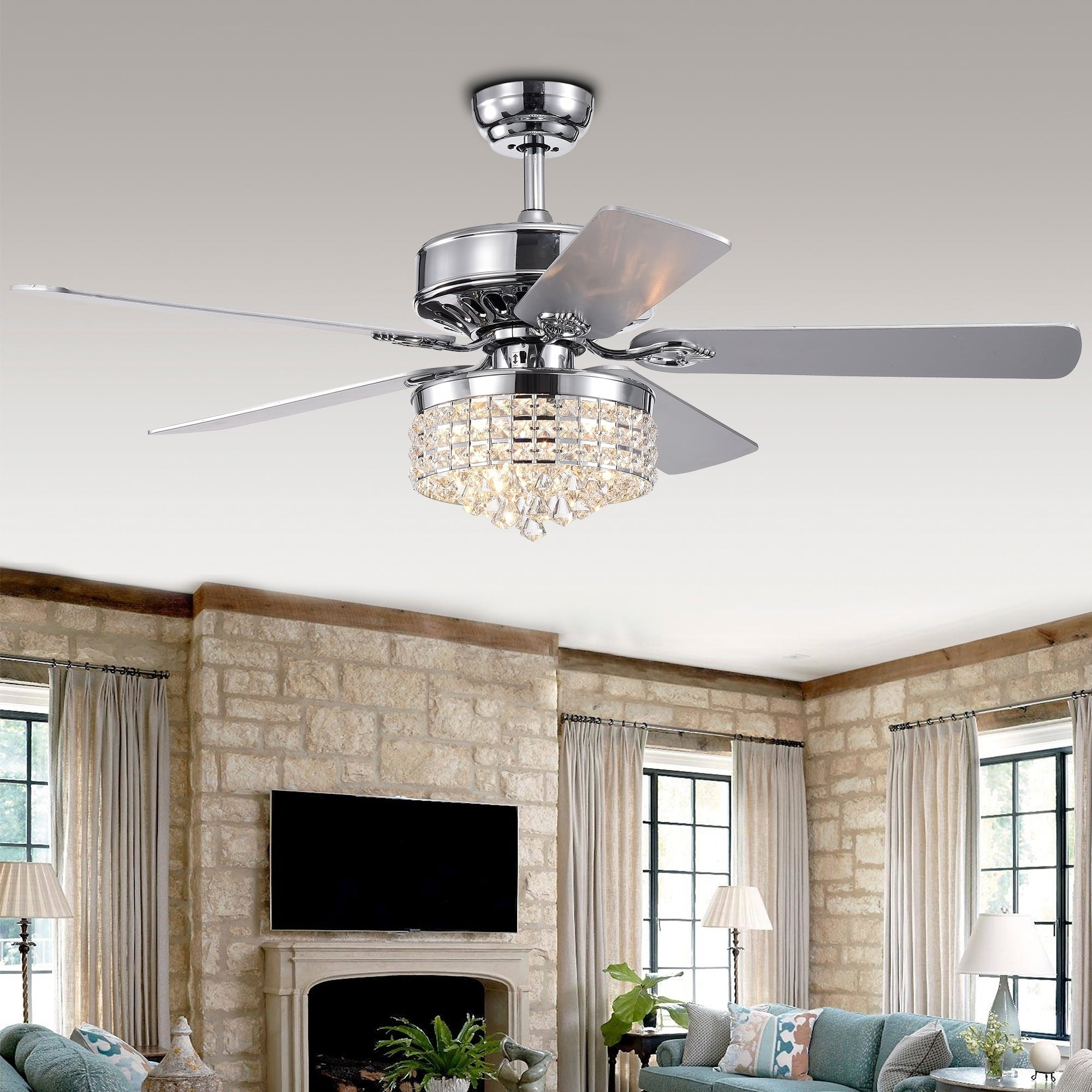 Letta 52-Inch 5-Blade Chrome Lighted Ceiling Fans with Crystal Shade (Remote Controlled)