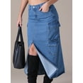 thumbnail image 6 of Unique Bargains Women's Front Split Flap Pockets Maxi Denim Skirt M Blue, 6 of 7