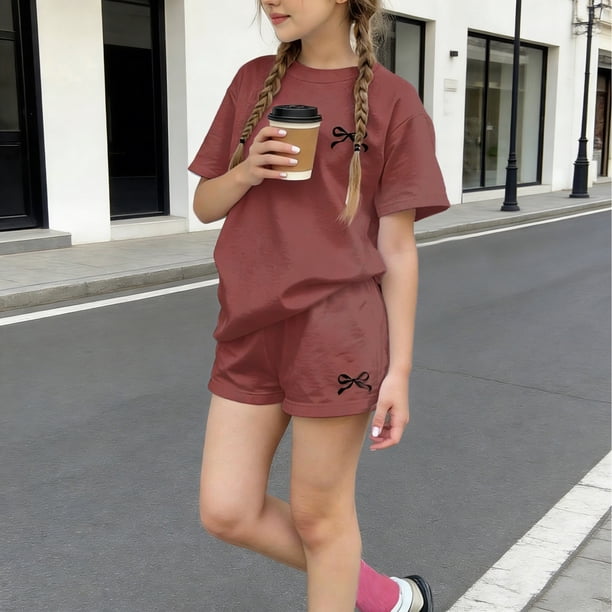 Conjuntos de blusas y camisas de cuello redondo y manga corta para niños, conjunto de dos piezas de top y pantalones cortos de manga corta con cuello redondo y manga corta para niños, top de poliéster