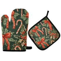 Yayeee Oven Mitts and Pot Holder Set of 2 Heat Resistant Kitchen Gloves Baking Hot Pad, Christmas Holly Bows