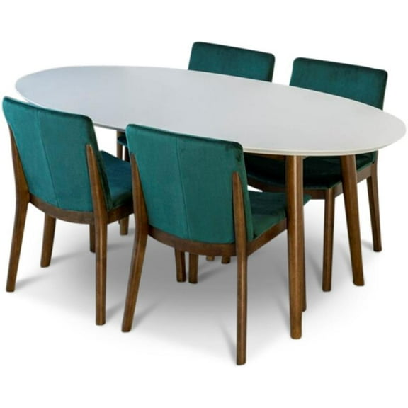 Pemberly Row 5-Piece Modern Oval Dining Set w/ 4 Velvet Dining Chairs in Green